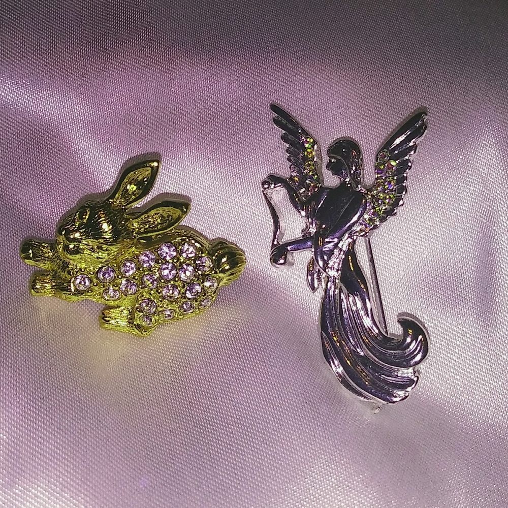 Rhinestone Silver Angel & Gold Rabbit Brooches